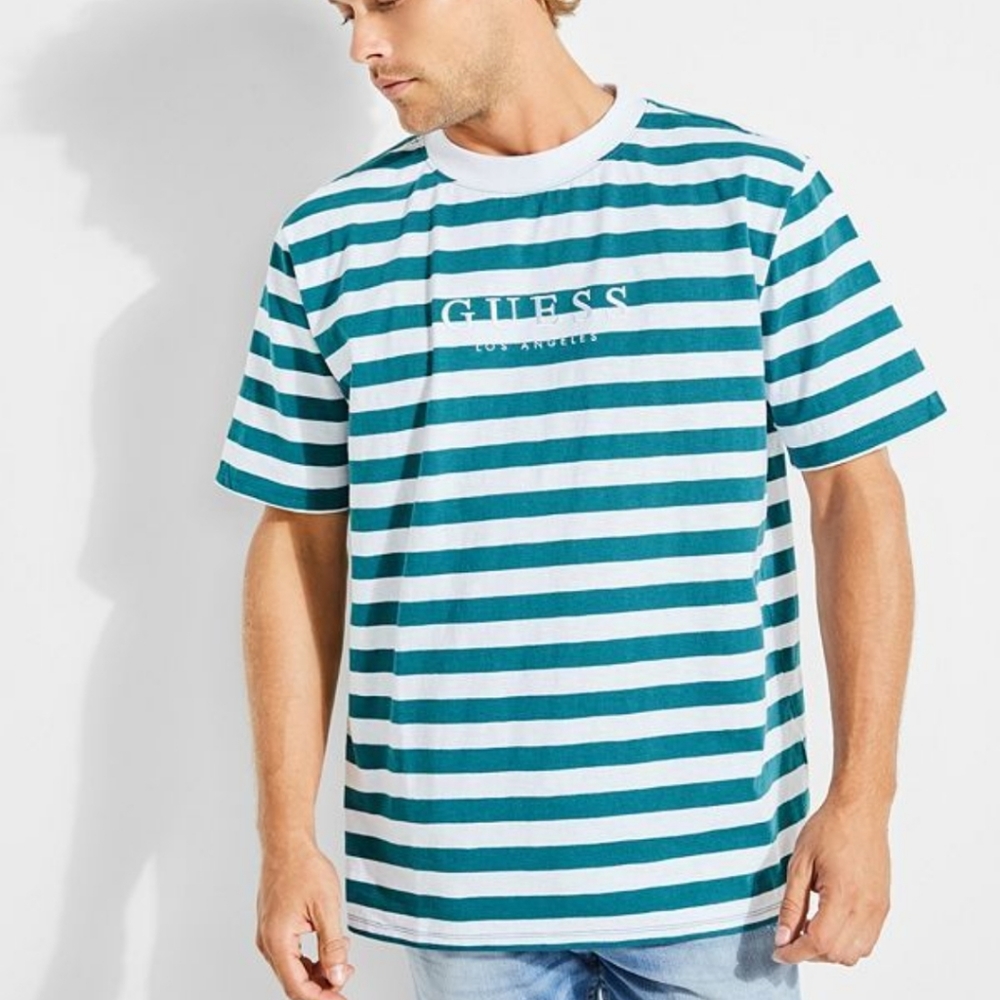 Guess Green White Striped Short Sleeve T Shirt Large